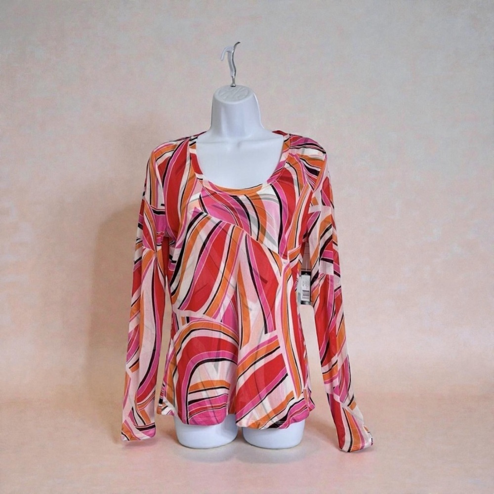 Madison Fashion Top Sz‎ L Geo Print Multicolor Long Sleeves Round Neck Shirt New